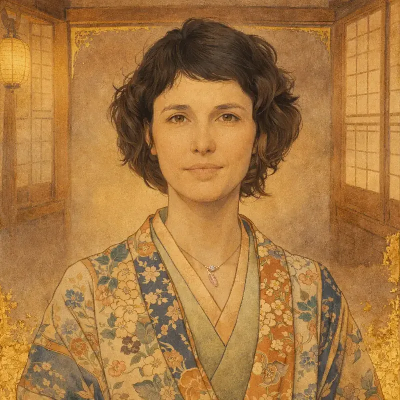 Example Yamato-e portrait of a woman in warm lantern light