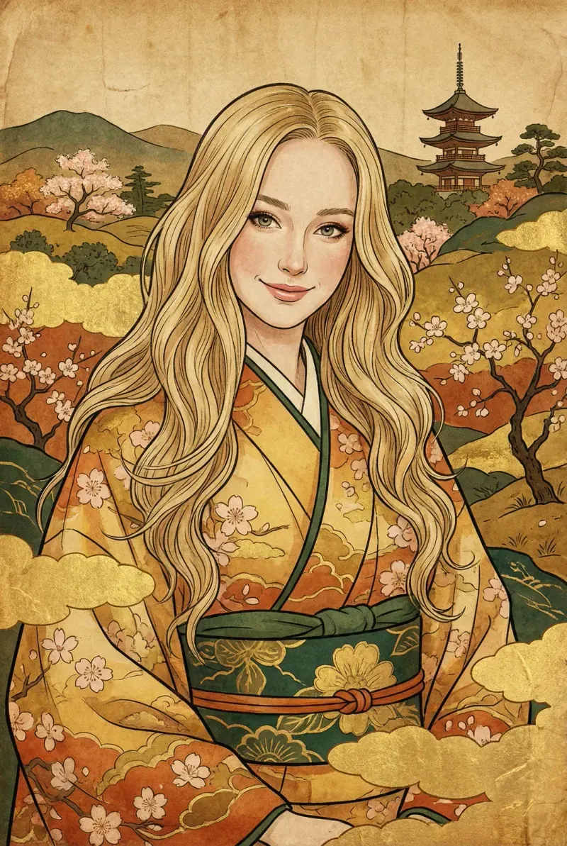 Example Painterly Noir portrait of a woman in a golden kimono among autumn hills