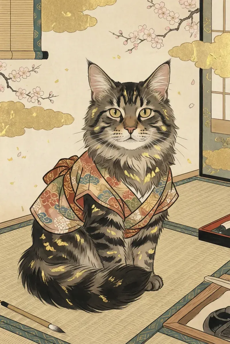 Example Yamato-e portrait of a cat wearing a kimono