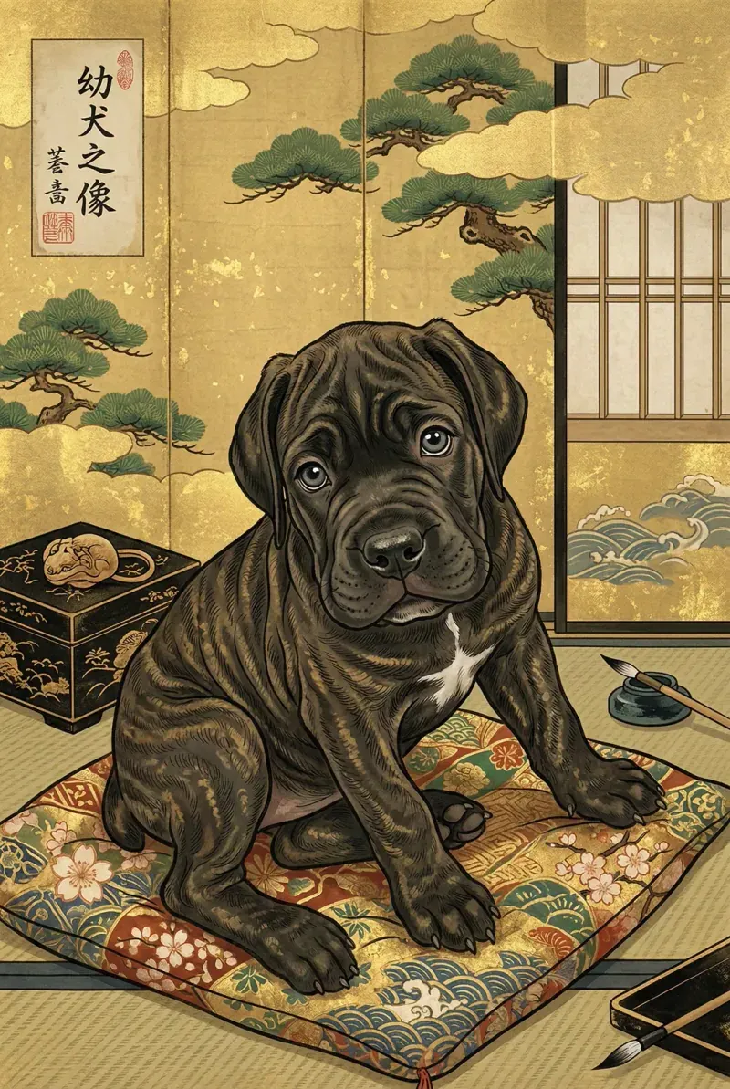 Example Yamato-e pet portrait of a puppy resting on a patterned cushion